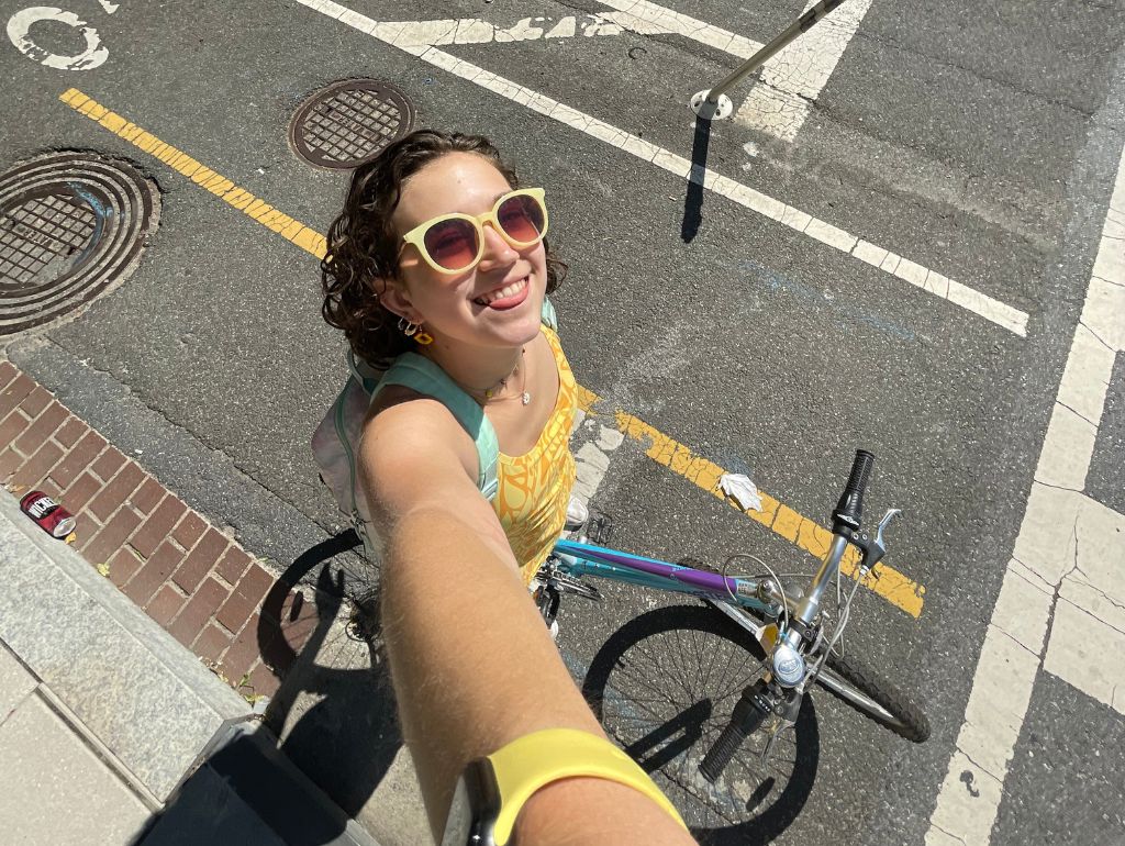 Selfie of Liz H. taking a selfie on her bike.