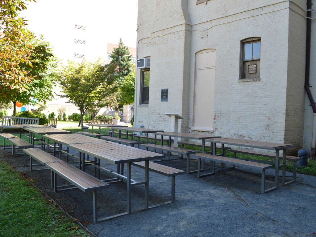 Outdoor Classroom with benches, tables, and podium