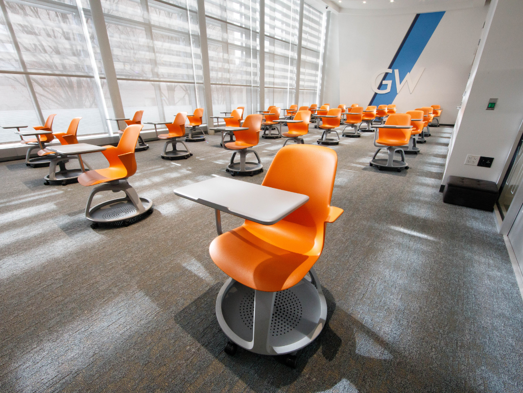 Presentation Space with orange classroom chairs