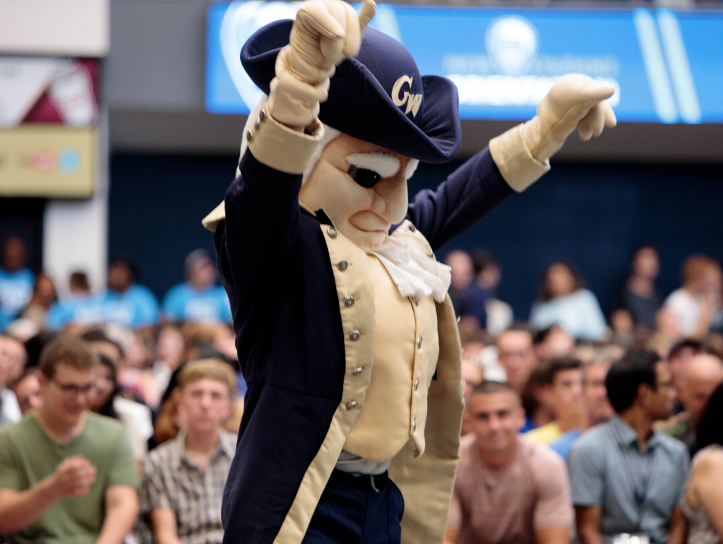 George, the GW Mascot, at the Orientation Welcome event