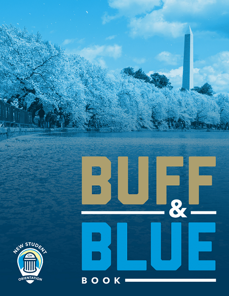 Cover of the Buff and Blue Book: Blue overlay photo of the cherry blossoms around the tidal biason