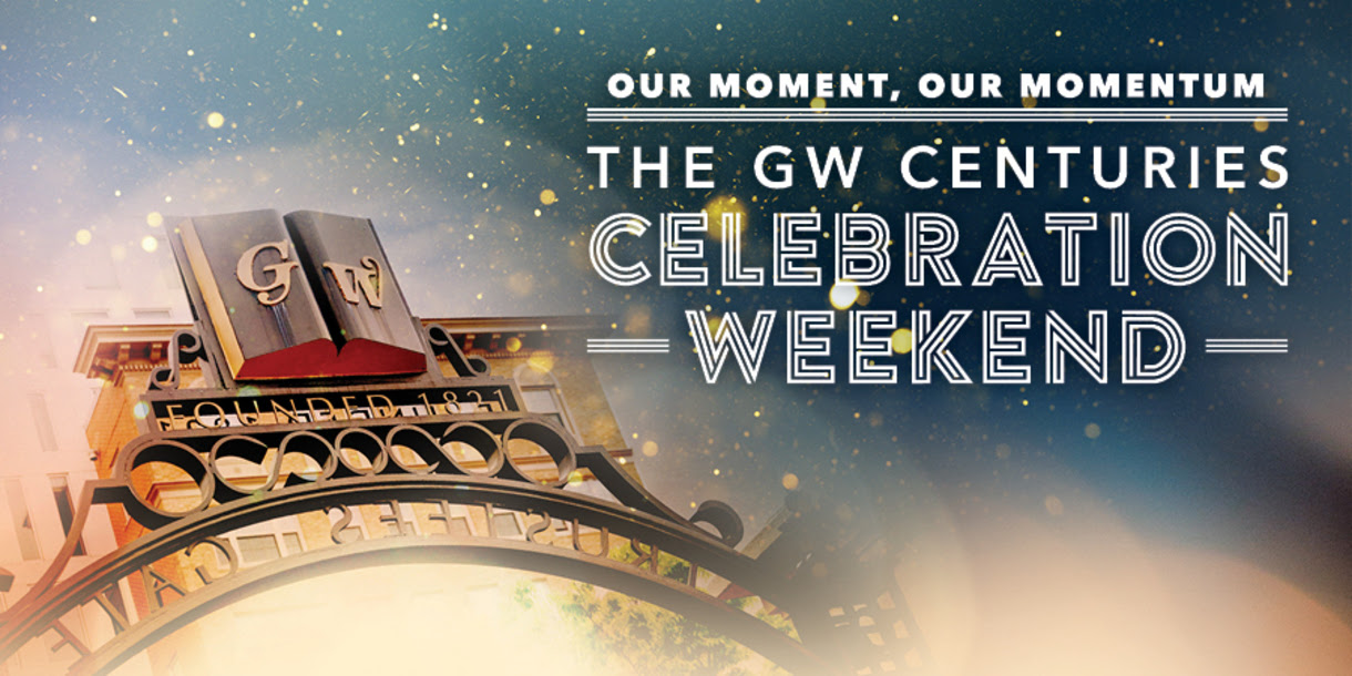 Kogan Plaza Arch with gold confetti, glitter. "Our Moment, our momentum. The GW Centuries Celebration Weekend."