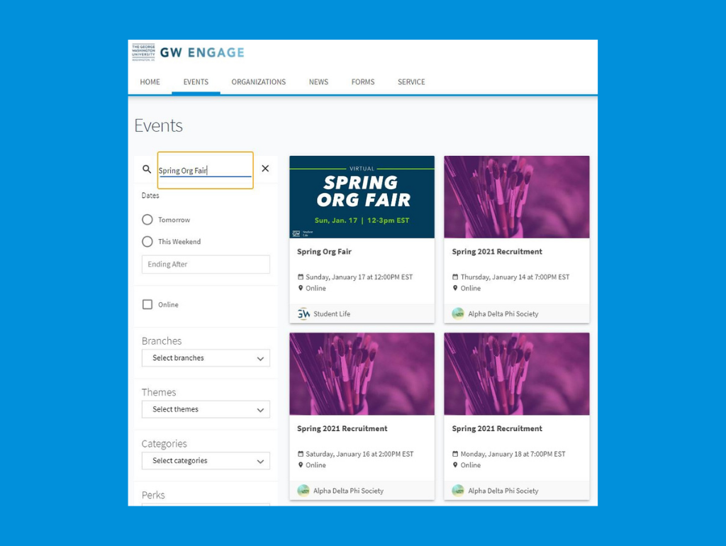 Screen shot of GW Engage platform, searching for the spring org fair.