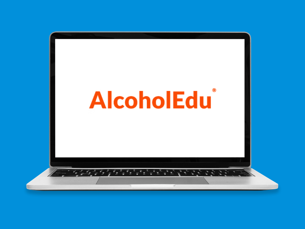 Blue background with an image of a laptop depicting the AlcoholEdu logo