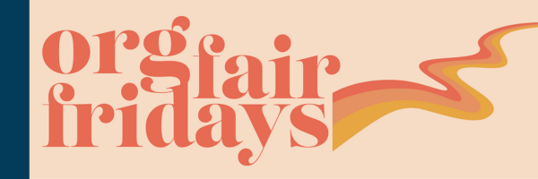 graphic that says "org fair fridays". The text is in orange writing on a light peach background