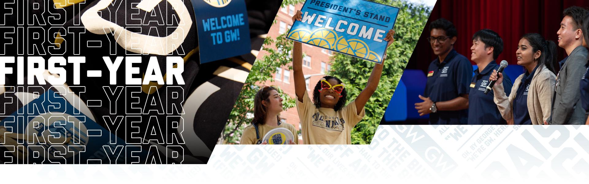 First-Year; student with welcome sign, students with microphone
